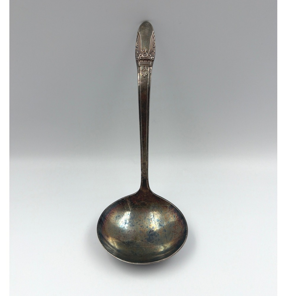 1847 Rogers Bros First Love Silverplate Cream Soup Ladle Heavy Patina 6.25in